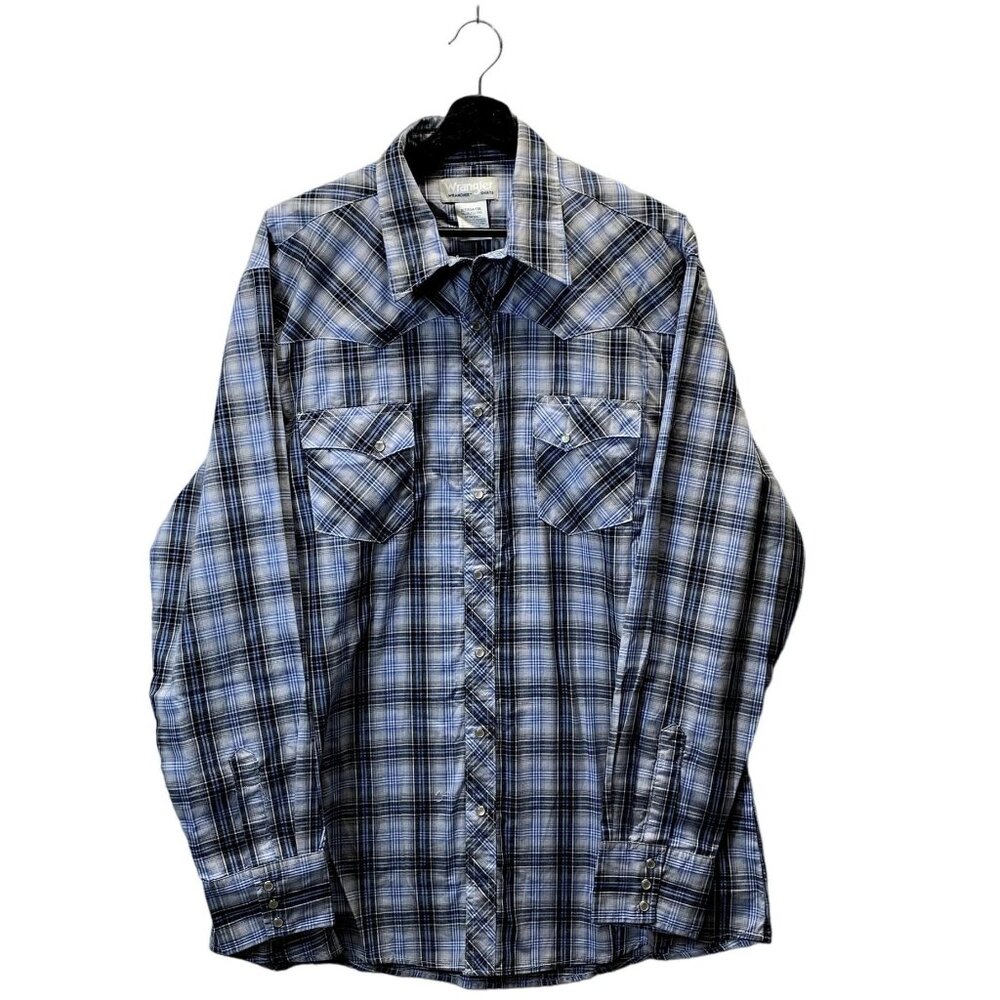 Wrangler Rancher Shirt Mens XLT Blue Plaid Long Sleeves Pearl Snap Cowboy Top
